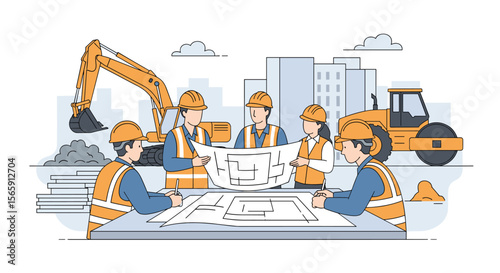Construction team collaborating on blueprints with heavy machinery and urban development in the background illustrating project planning and teamwork in civil engineering