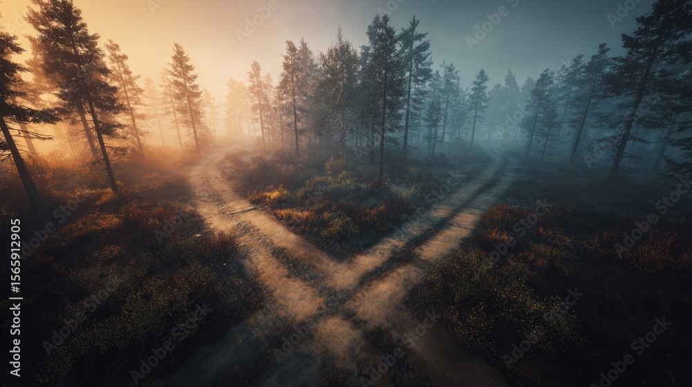 Obraz premium A mystical crossroads splitting into two paths in an enchanted forest, golden light through ancient trees. Choices and mystery in a magical woodland. 