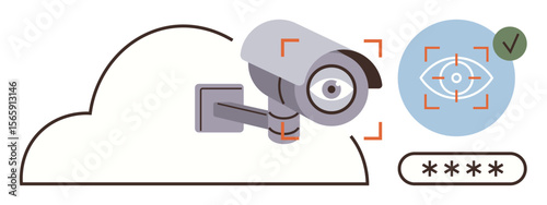 Security camera monitoring with biometric eye scanner, green verification checkmark, and password encryption. Ideal for technology, surveillance, security, data protection, privacy, cloud computing
