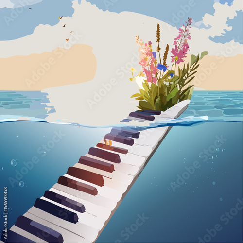 A surreal vector of a piano key blooming wildflowers, rising from the sea. Soft light, painterly mood, and strange calm create a peaceful dreamlike composition with cinematic depth.