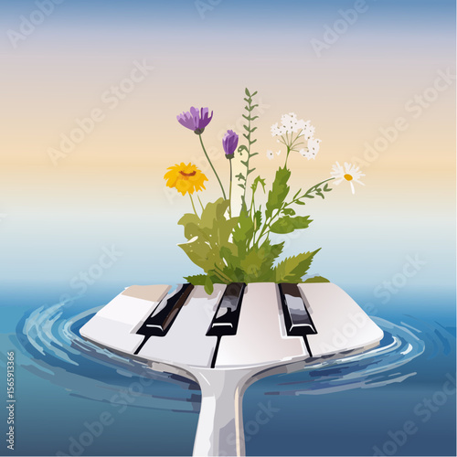 A surreal vector of a piano key blooming wildflowers, rising from the sea. Soft light, painterly mood, and strange calm create a peaceful dreamlike composition with cinematic depth.
