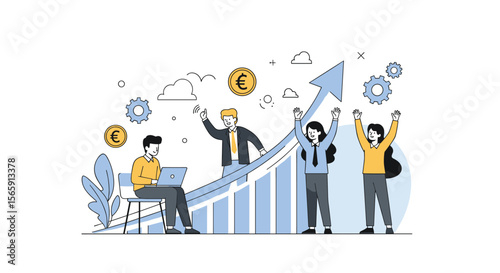 Successful business growth and financial progress illustrated by a rising graph and celebrating diverse employees