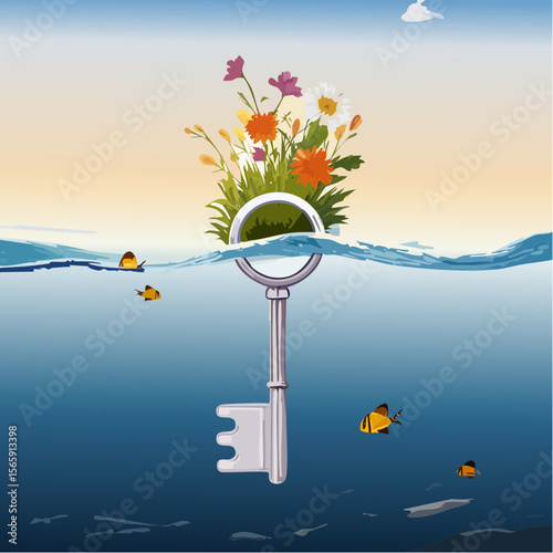 A surreal vector of a piano key blooming wildflowers, rising from the sea. Soft light, painterly mood, and strange calm create a peaceful dreamlike composition with cinematic depth.