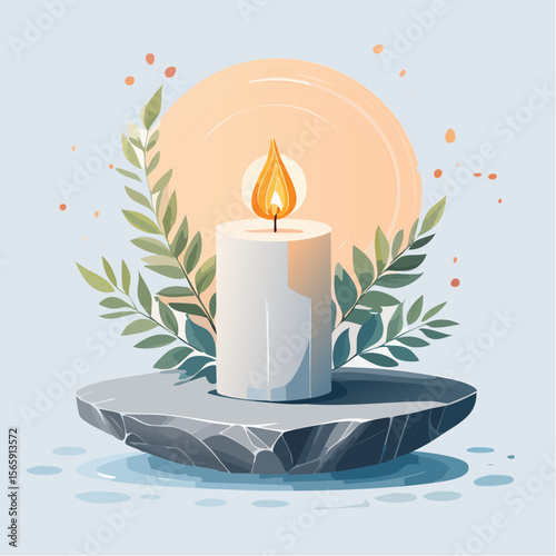 A surreal vector showing a lit candle hovering above a stone plate. Gentle glow, shadow, and floating calm evoke dreamlike quiet with painterly textures and cinematic mood.