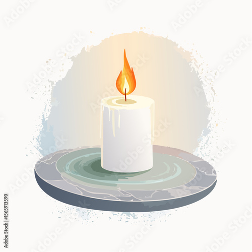A surreal vector showing a lit candle hovering above a stone plate. Gentle glow, shadow, and floating calm evoke dreamlike quiet with painterly textures and cinematic mood.