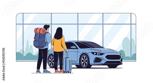 Couple with luggage near a car at the airport ready for a journey together