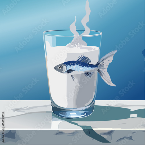 A surreal vector of a silver fish swimming through a glass of milk atop a marble table. Painterly softness and gentle contrast enhance its calm and curious feel.