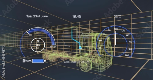 Battery charging showing gauge animation 3D truck accelerating discharging demonstrating energy use
