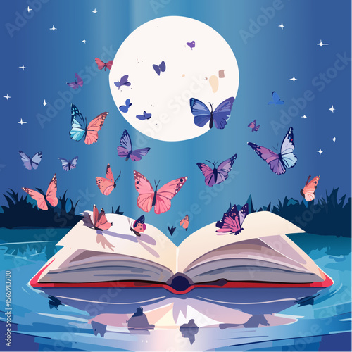 A surreal vector of an open book with butterflies flying out, resting on a moonlit pond. Painterly textures and a dreamlike glow create a peaceful yet mysterious scene.