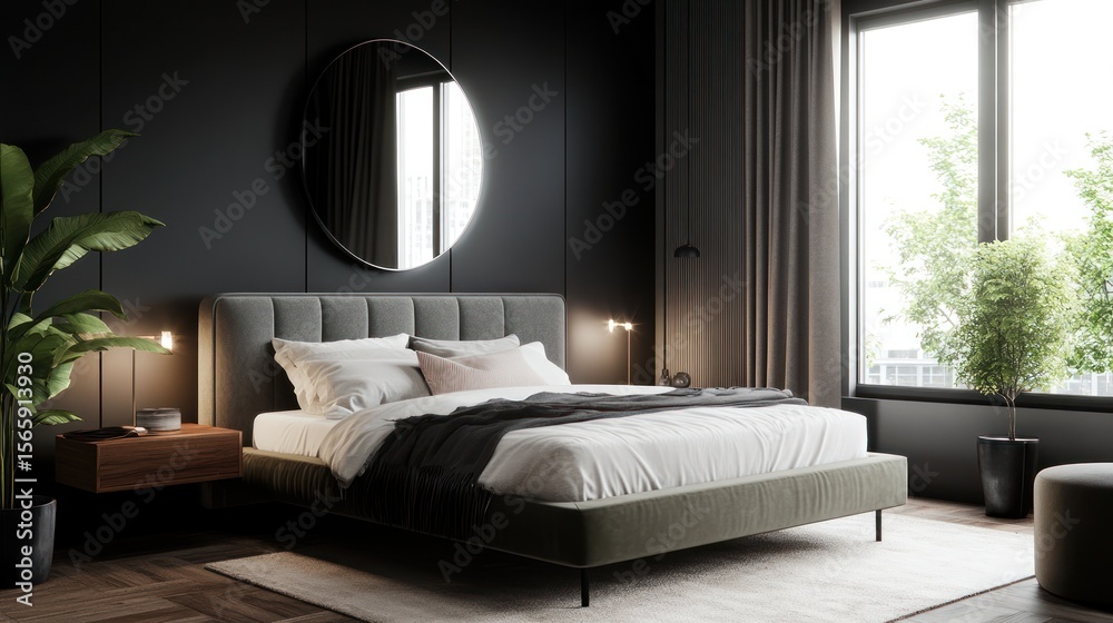 Fototapeta premium A modern bedroom with a dark color scheme features a large round mirror, a grey upholstered bed, and large windows with natural light and greenery