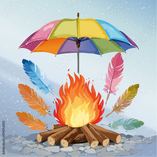A surreal vector of a rainbow umbrella hovering above a glowing feather campfire. Strange yet peaceful imagery with soft light and dreamlike painterly detail.