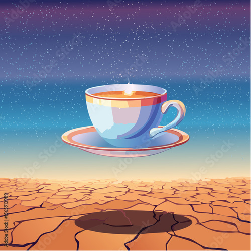 A glowing teacup floats above cracked desert earth at twilight. Surreal and calm, this vector combines soft glow, painterly textures, and peaceful contrast in a dreamlike still life.