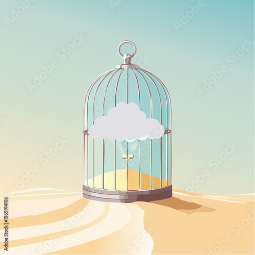 A surreal vector of a tiny storm cloud trapped inside a glass birdcage resting over velvet sand. Dreamlike textures and peaceful contrast create a sense of calm tension and beauty.