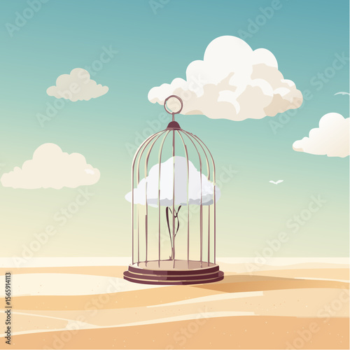 A surreal vector of a tiny storm cloud trapped inside a glass birdcage resting over velvet sand. Dreamlike textures and peaceful contrast create a sense of calm tension and beauty.