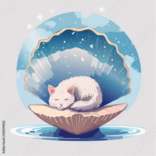A surreal vector of a sleeping cat curled inside a floating shell. Gentle textures, soft light, and painterly style enhance the calm and dreamlike mood of this peaceful concept.