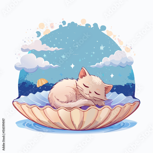 A surreal vector of a sleeping cat curled inside a floating shell. Gentle textures, soft light, and painterly style enhance the calm and dreamlike mood of this peaceful concept.