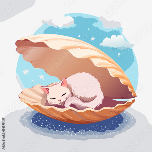 A surreal vector of a sleeping cat curled inside a floating shell. Gentle textures, soft light, and painterly style enhance the calm and dreamlike mood of this peaceful concept.