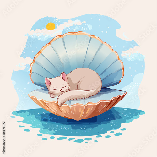 A surreal vector of a sleeping cat curled inside a floating shell. Gentle textures, soft light, and painterly style enhance the calm and dreamlike mood of this peaceful concept.