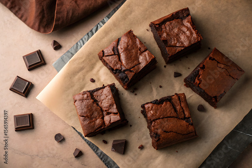 Five delicious brownies sit on parchment paper