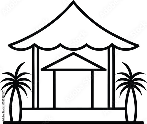 Beachside Cabana Minimal Line Drawing on White Background