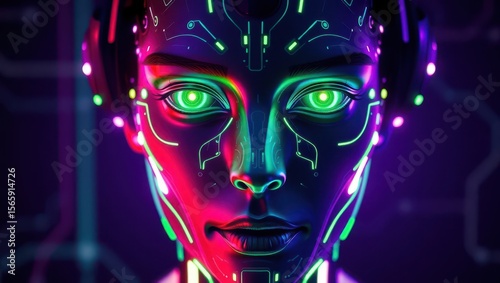 A highly detailed, futuristic digital AI face, bathed in vibrant, electric neon green and purple hues, with intricate, swirling patterns of light accents that evoke the advanced neural networks and pr