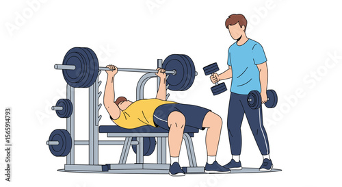 Man trains chest muscles with weightlifting equipment under the guidance of a fitness instructor in a gym setting for improved strength and physique
