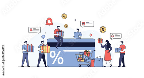 Customers Celebrate and Receive Gifts Around a Giant Credit Card with Discount Symbol and Notification Icons Showing a Special Offer or Promotion Event