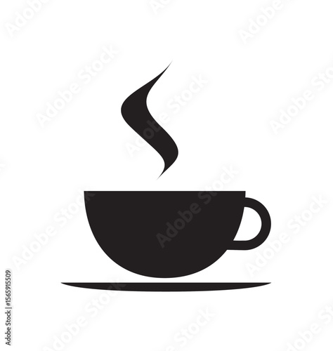 Black and white illustration of a steaming cup of coffee or tea on a saucer.