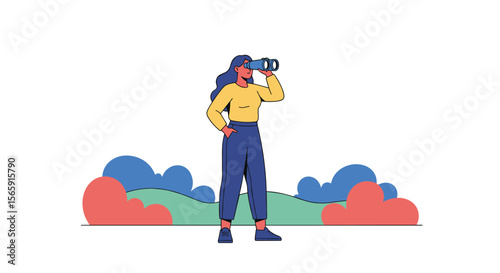 A woman looks through binoculars at a landscape with hills and bushes and enjoys the view of nature and outdoors in the distance