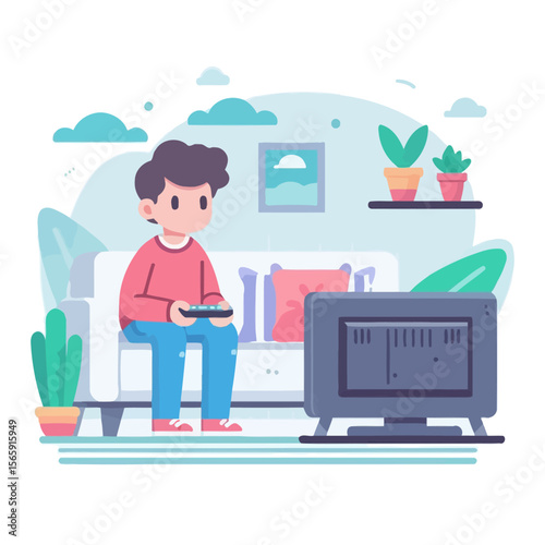 Flat Vector Illustration of People Watching TV at Home in Cozy Living Room with Modern Interior Design