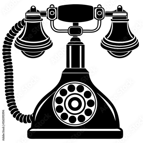 Classic black silhouette of an antique rotary telephone with a curly cord
