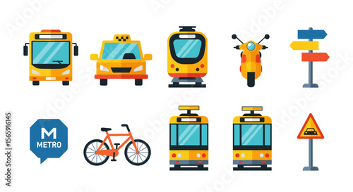 Illustration showing various modes of transportation including bus taxi tram scooter and bike