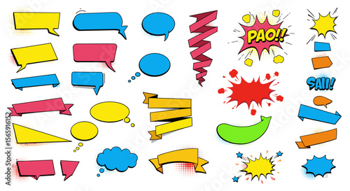 Illustration of comic style speech bubbles banners and explosion effects in various colors