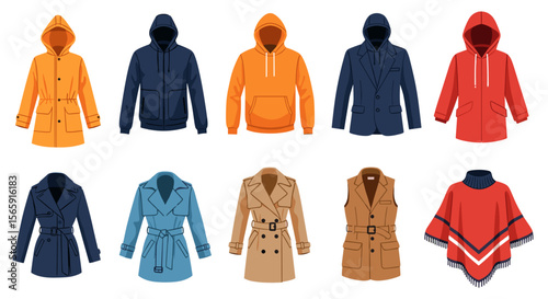 Illustration showing a variety of different types of coats and jackets for different seasons