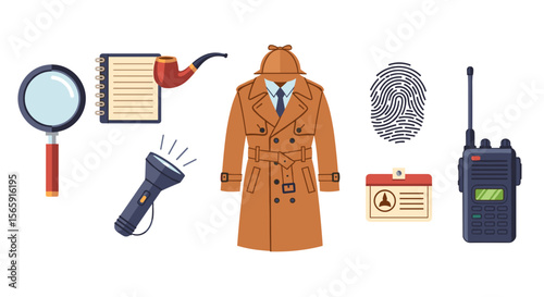 Illustration of detective equipment including a magnifying glass and a trench coat