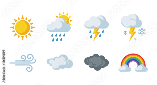 Illustration of various weather icons including sun, clouds, rain, wind and rainbow images