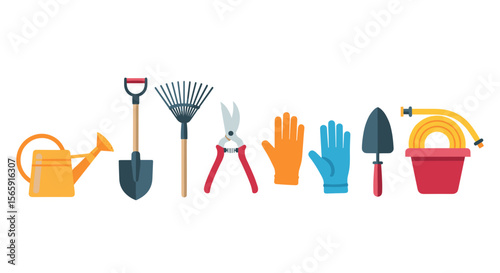 Illustration of garden tools including watering can, shovel, rake, and gardening gloves