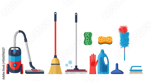 Illustration of cleaning supplies including a vacuum mop sponges and cleaning products
