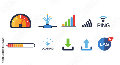 Illustration of network and internet speed icons showing connectivity and performance