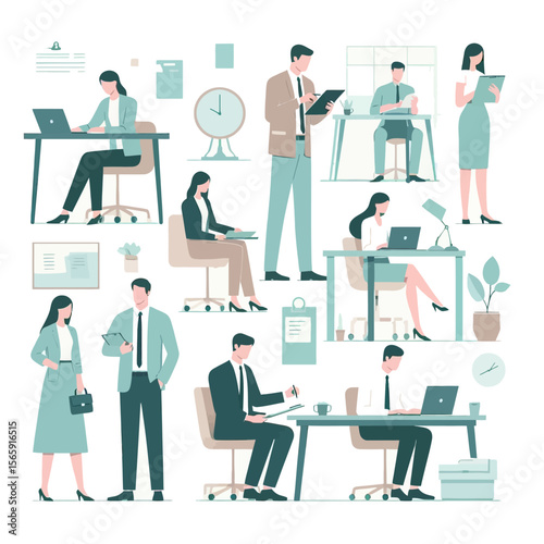 Business Office People Vector Illustration Set – Modern Flat Design of Office Workers in Teamwork, Meeting, Working on Computer, and Corporate Activities
