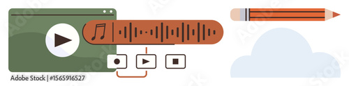 Media player with play, pause, and stop buttons, soundwave bar, pencil symbolizing creativity, cloud representing storage. Ideal for media creation, editing, learning content sharing innovation