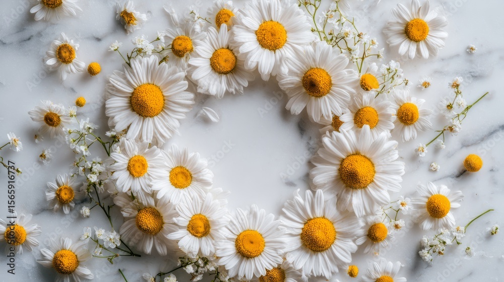 Obraz premium White daisy chamomile flowers in a circular pattern on soft pink background, embodying spring's delicate harmony. 