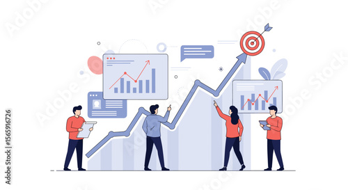 Teamwork drives business growth and achieves ambitious financial targets illustrated with upward trending charts and data analysis on white background