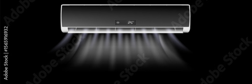 Abstract golden light circle effect. Black air conditioner with cold wind effect