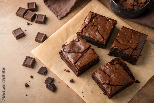 Four brownies sit on parchment paper, surrounded by chocolate squares