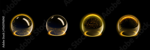 Sphere shield abstract energy protection spheres. Force field globe shell. Dome barrier technology vector set.