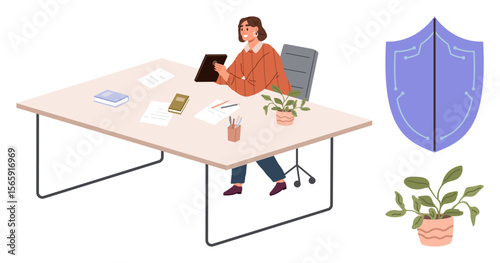 Woman using tablet at spacious office desk with papers, plants, and shield icon. Ideal for productivity, security, work-life balance, business, focus technology and modern workspace. Simple flat