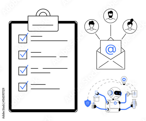 Robot performing tasks, checklist with marked items, email addressing users. Ideal for automation, productivity, communication, technology, teamwork task management collaboration. Simple flat