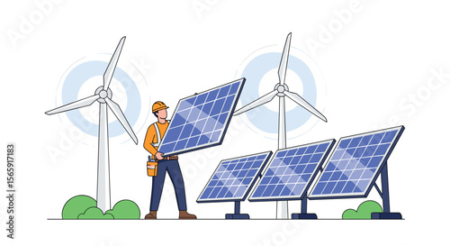 Skilled technician installing solar panels near wind turbines representing renewable energy development and sustainability efforts for a cleaner future