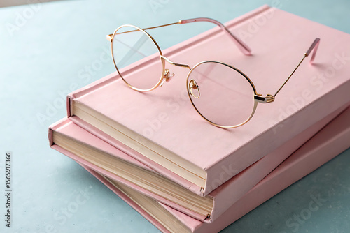 Round gold glasses rest on a stack of pink books